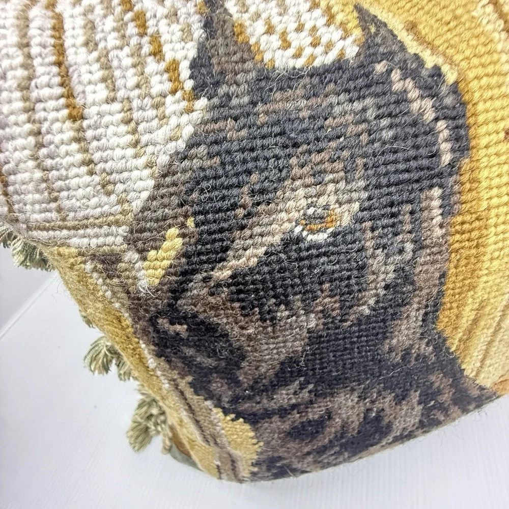 Vintage Scottie Dog Wool Needlepoint Pillow Velvet Tassel English Country 13x13